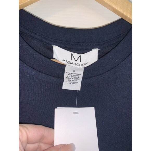 Magaschoni Navy Blue Cropped Pullover Front Tie Long Sleeve Sweater Size Small - Picture 5 of 6